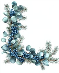 Wall Mural - Greeting cards and invitations on white with watercolor Christmas background with fir branches and berries.