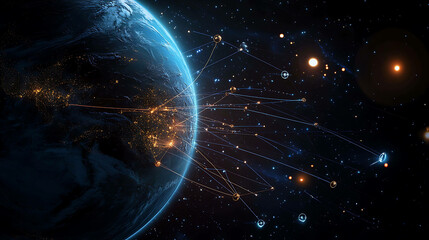 Sticker - Earth glowing with city lights at night, connected to a network of glowing lines and orbs in space.