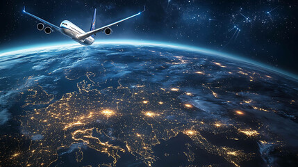 Wall Mural - A passenger plane flies over a nighttime view of Earth, with city lights illuminating the landscape.