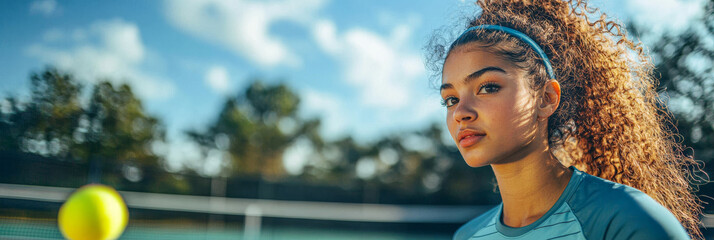 Focused young woman playing tennis on a sunny day.