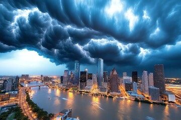 Aufkleber - Grey clouds hovering above a city skyline just before a storm