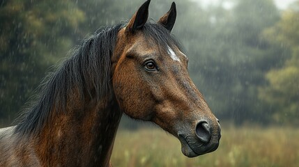 Brown Horse in the Rain - A Close-Up Portrait