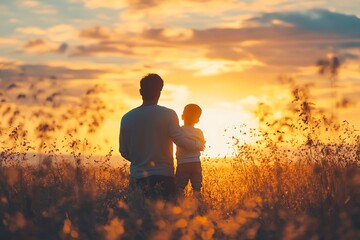 Sticker - Silhouette of father and son watching sunset together in field