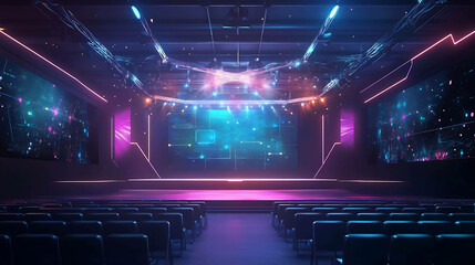 Wall Mural - Empty auditorium with a large screen displaying a glowing, abstract design.