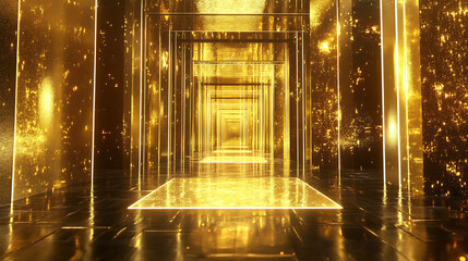 Wall Mural - A glowing gold corridor with a reflective floor and ceiling.