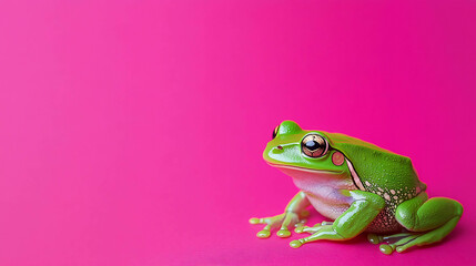 Sticker - A bright green frog with big brown eyes sits on a pink background.