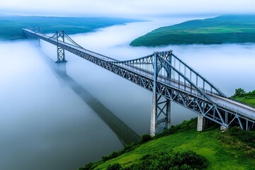 Grey steel bridge, stretching across a wide river, disappearing into the fog