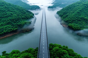 Grey steel bridge, stretching across a wide river, disappearing into the fog