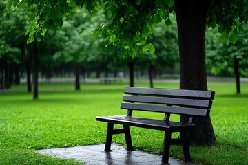 Poster - Grey urban park bench, sitting empty under a tall tree as light rain begins to fall
