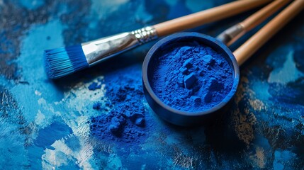 Poster - Vibrant blue pigments and paintbrushes arranged on a textured surface showcasing artistry in progress