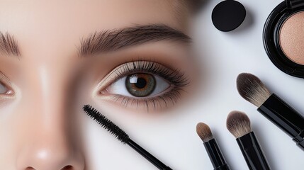 Beautiful young woman face with makeup brushes on white background, top view