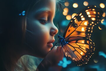 Sticker - Little girl looking at glowing butterfly, nature, fantasy, imagination, magic, childhood, wonder