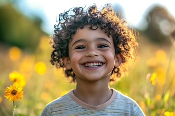 Happy child with curly hair laughing in a field of yellow flowers