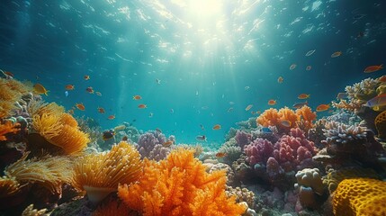 Beautiful underwater scene featuring a vibrant coral reef and a Coral Hind Grouper fish (Cephalopholis miniata). Perfect for marine life, underwater photography, coral reefs, and ocean-themed visuals