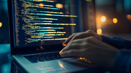 A programmer's hands typing code on a laptop.