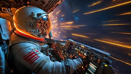 Poster - Astronaut piloting a spacecraft through a vibrant, glowing tunnel of light in deep space