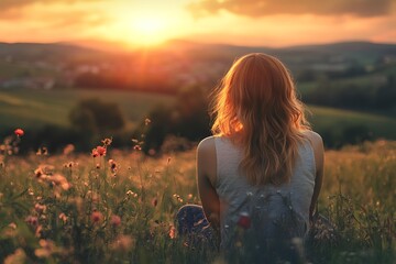 Silhouette of woman watching sunset over field with wildflowers