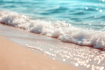 Poster - Closeup of foamy ocean wave lapping on white sandy beach