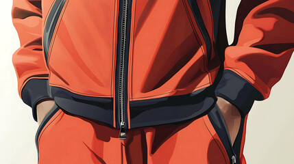 Wall Mural - A close-up of a person wearing an orange jacket with black trim and black pants.