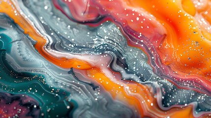 Stunning close-up of abstract marble ink with dynamic waves of orange, cyan, and magenta, highlighted by glistening silver particles.