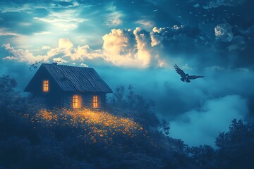 Wall Mural - Mystical House on Hilltop with Flying Eagle at Night