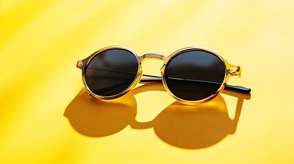 Close up of round sunglasses on a yellow background.