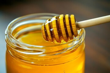 A jar of honey with a wooden dipper, symbolizing natural sweetness and warmth