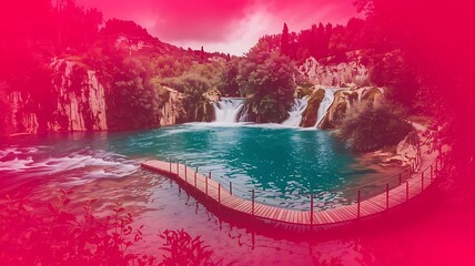 a turquoise river with a few wooden walkways leading to a waterfall wallpaper created with generative ai