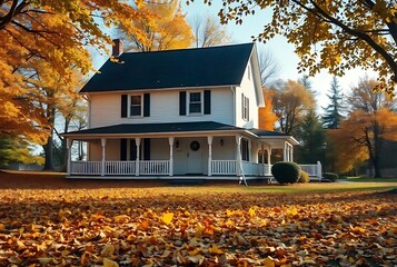 A white two-story house with fallen yellow leaves on the ground, with trees in the background displaying autumn foliage created with generative ai