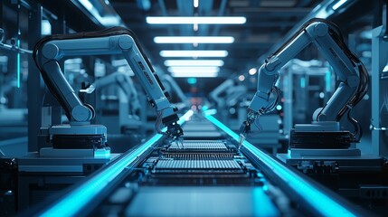 Poster - Robotic arms in a high-tech semiconductor manufacturing facility assembling microchips on a production line.