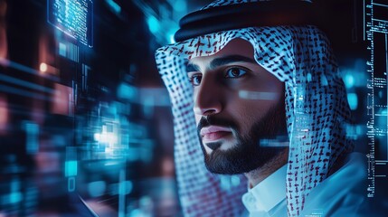 A man in traditional emirati attire surrounded by digital data visualizations, symbolizing uae's digital transformation.