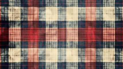 Grunge style red, blue, and white plaid background.