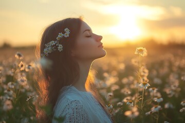 Sticker - Young woman with flowers in her hair enjoying a sunset in a field