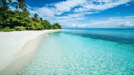 Wall Mural - A tropical beach with white sand, crystal clear turquoise water, and palm trees in the background.