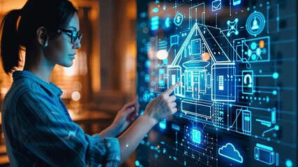 Leinwandbilder - A woman in glasses engages with a high-tech interface that displays various smart home applications and controls, demonstrating futuristic technology integration.