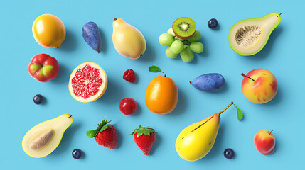 Wall Mural - A flat lay of fresh, whole and cut fruit on a light blue background.