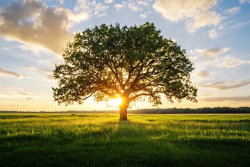 Wall Mural - Majestic Oak Tree Silhouette at Sunset in a Lush Meadow