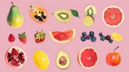 A collection of fresh fruit on a pink background.