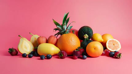 Fresh fruit on pink background.