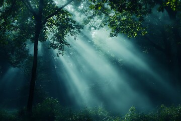 Wall Mural - Mystical Forest,  Sunbeams breaking through fog and leaves