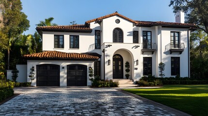 front view of beautiful white and black Spanish style home with dark brown accents, paver driveway, cinematic, Nikon D850 camera