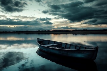 Sticker - Solitude, Serene, Boat on Still Lake at Sunset