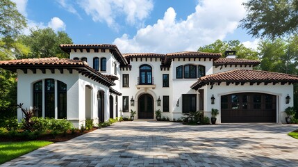 front view of beautiful white and black Spanish style home with dark brown accents, paver driveway, cinematic, Nikon D850 camera