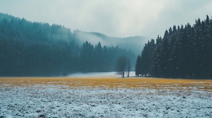 Canvas Print - A serene winter landscape with snow-covered fields and misty mountains in the background.