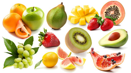 Wall Mural - A vibrant assortment of fresh fruits including oranges, apples, pears, kiwis, strawberries, mangoes, avocados, papaya and grape.