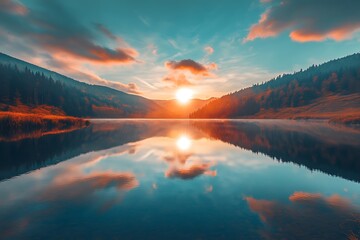 Poster - Golden Hour Sunset Reflected in Calm Lake Water with Mountain Silhouette