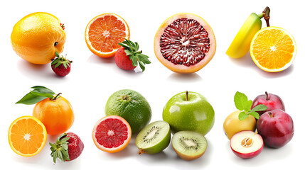 Wall Mural - A collection of fresh fruits, isolated on a white background.