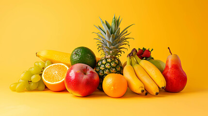 Poster - Assortment of fresh fruits on a yellow background.