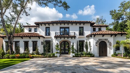 front view of beautiful white and black Spanish style home with dark brown accents, paver driveway, cinematic, Nikon D850 camera