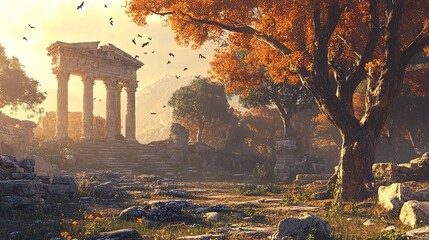 Sticker - Ancient Ruins in a Golden Autumn Forest